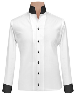 High Collar White Shirt Men Buttonless Black Collar Cuff Cotton