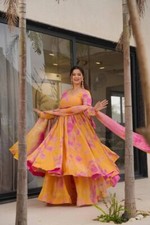 Floral Print Anarkali Gown - Yellow  Pink - Silk - Ready to Wear - M-XXL