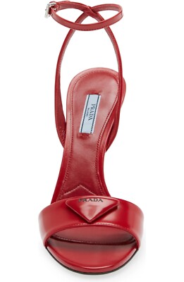 PRADA Women's Triangle Logo 110mm Heeled Leather Sandals Red 40