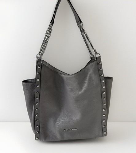 Michael Kors Newbury Silver Studded Gray Pebble Leather Chain Shoulder Bag Tote - Picture 15 of 16