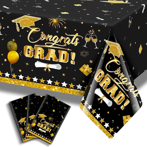 3 Pack Graduation Tablecloth Decorations,54X128Inch Black Gold Congrats Grad Dis