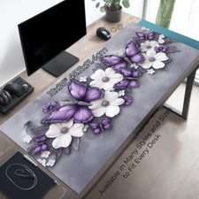 Aesthetic Desk Pad Featuring Cute Purple Butterflies and White Flowers on Gray