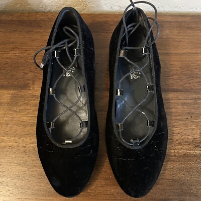 Beberlis Girls Black Velvet Ankle Laced Flat Shoes Size 4