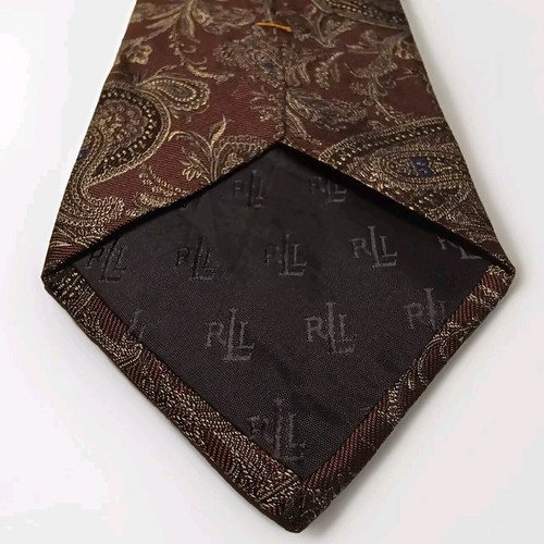 Ralph Lauren Necktie Brown Gold Blue Paisley 100% Silk Made in USA Hand Finish - Picture 7 of 7