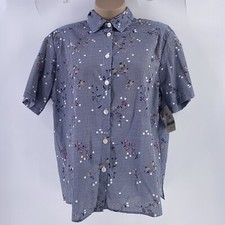 Vtg TCP Woman Blouse 18W Cottage Core Blue White Check Floral Button Front New