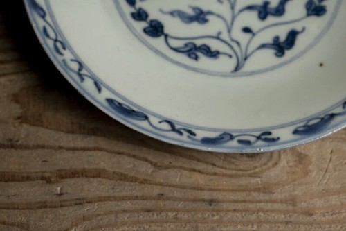 Antigua placa con patrón de pergamino floral azul y blanco dinastía Qing, siglo XVIII - Imagen 5 de 10