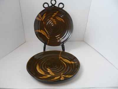 Pier 1 Dakara Dinner Plates Brown Swirl Leaves 11'' Art Pottery - Lot of 2 