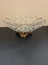 Antique Sawtooth Style BEAUTIFUL Glass Bowl On Ornate Brass Footed Base