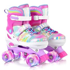 Rainbow Tie-Dye Light Up Roller Skates for Kids 3-12, Adjustable with Pom Poms