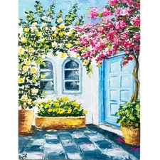 Mediterranean Cityscape Italy Wall Art Bougainvillea Oil Impasto Painting 9 x 7"