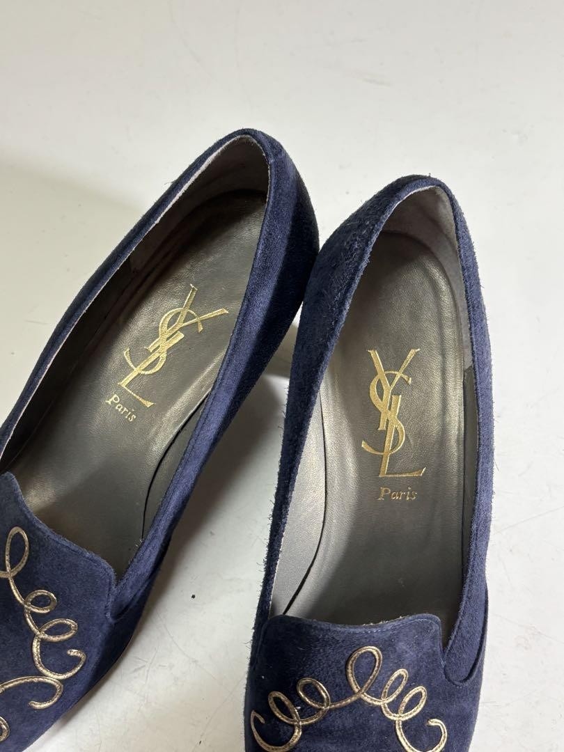 Saint Laurent decolte tacco YSL EU36 US6 blu navy scamosciato con ricamo