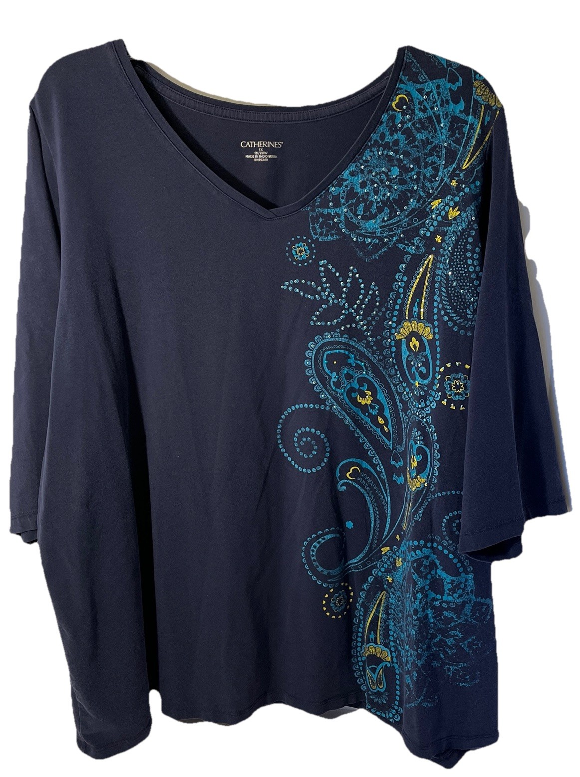 Catherines T-Shirt Womens 1X  18-20W Blue 3/4 Sleeve V- Neck Embellished