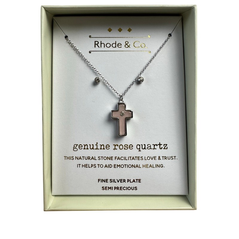 Rhode & Co. Rose Quartz Cross Necklace w/ Rhinestone Earrings. 