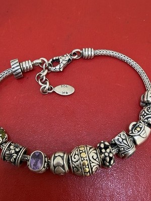 Samuel Benham Sterling Silver Ornate Beaded Bracelet w/ 10 Charms 6 w/ Gems