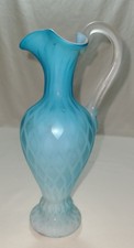 Vintage PITCHER Blue Mother Of Pearl Satin Glass Diamond Pattern Hand Blown