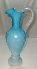 Vintage  PITCHER Blue Mother Of Pearl  Satin Glass   Diamond Pattern  Hand Blown