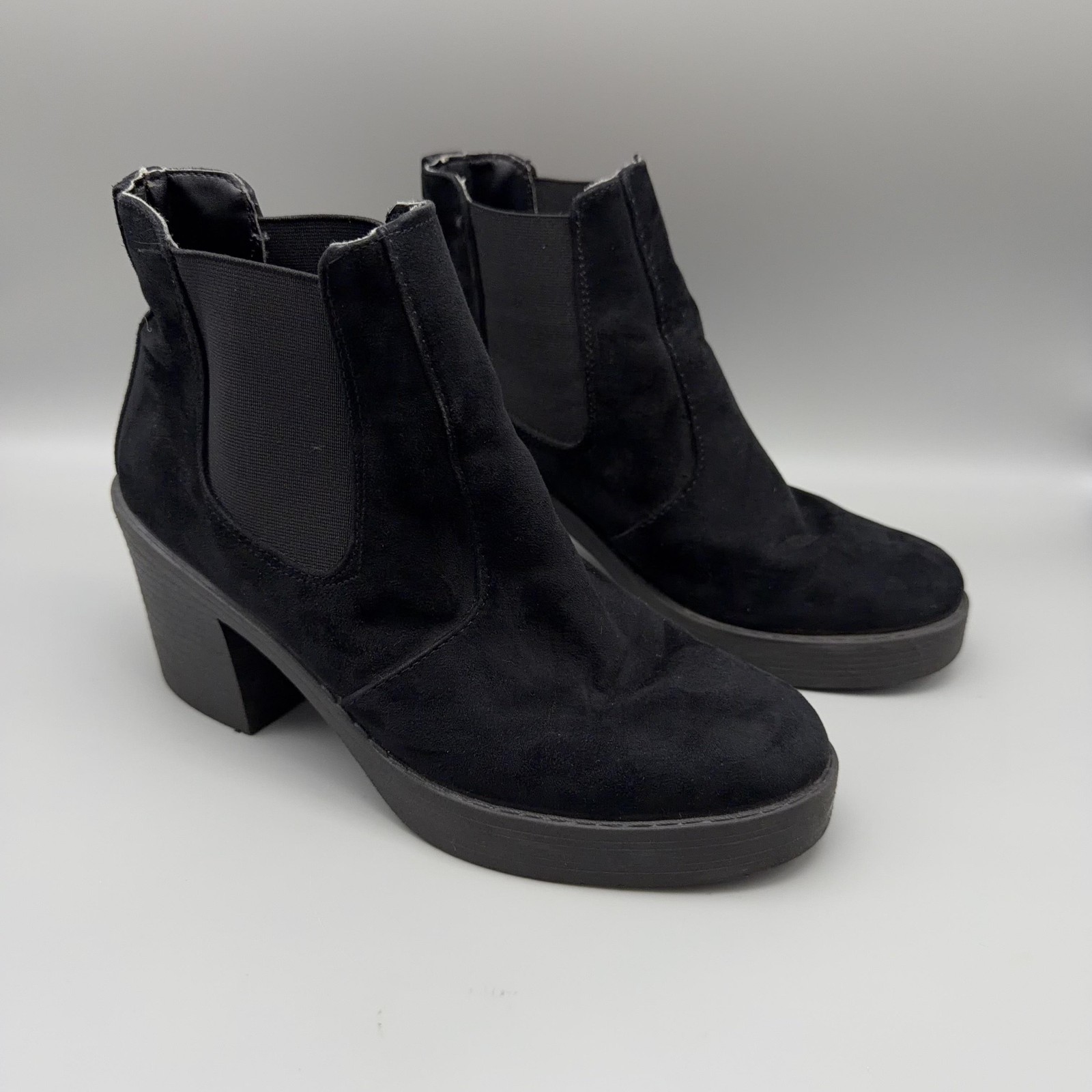 Topshop Boots Womens Size 8 Black Suede Chelsea Ankle Block Heel Platform