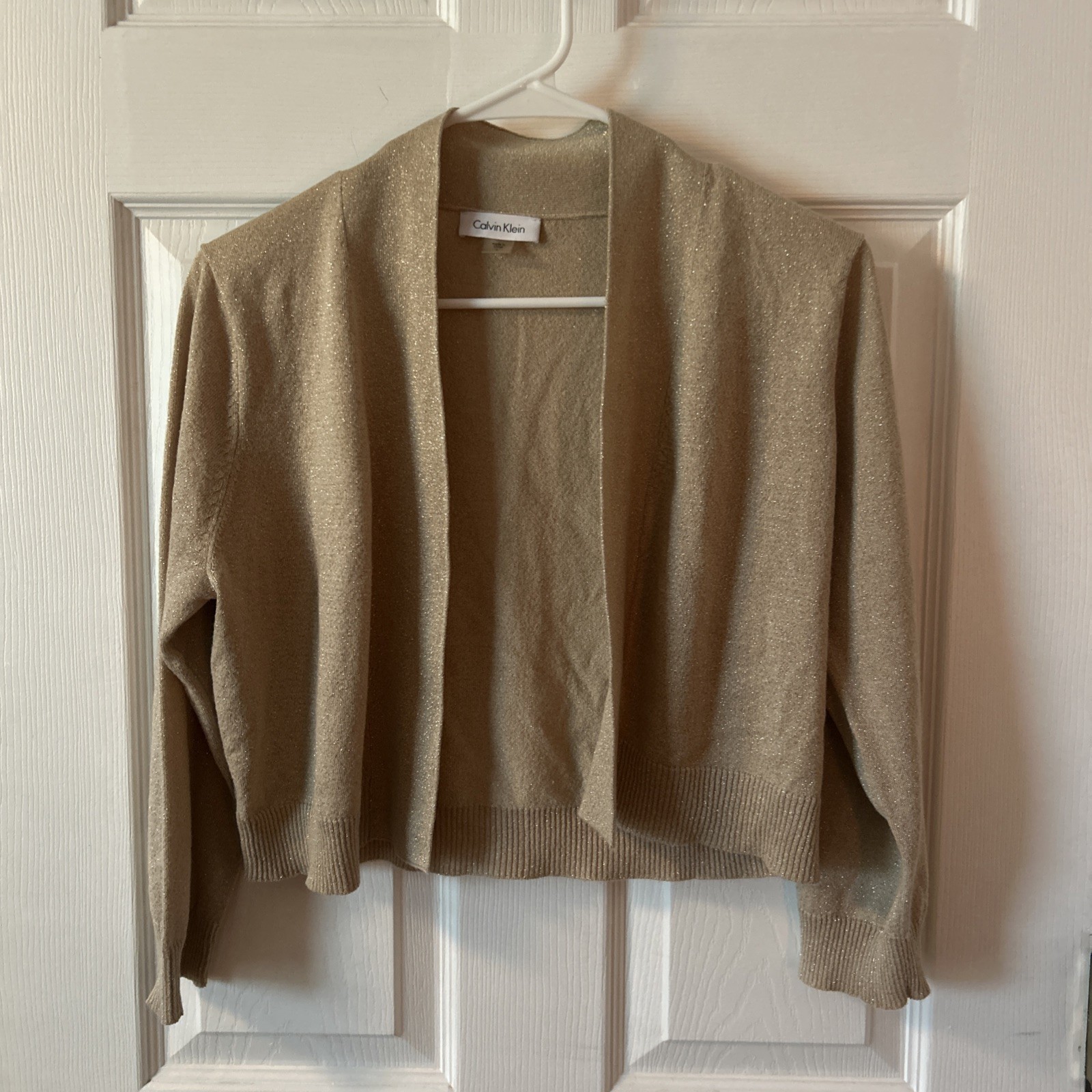 Calvin Klein Women's Metallic Sparkle Open Front Cardigan Beige Large