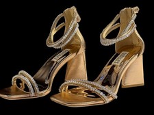 Badgley Mischka Lillie Crystal Dual-Strapped Block Heels in Champagne,VARIETY
