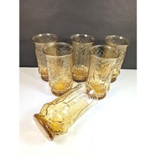 6 Vintage Anchor Hocking Rain Flower Glasses Set 14 Oz Amber Glass Tumblers