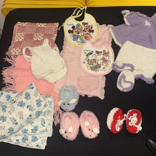 Vintage Baby Clothes Lot Handmade Crochet Dress Bonnet Disney Bibs Booties Mixed