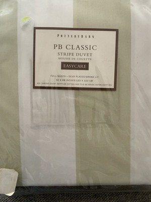 Pottery Barn Egyptian Cotton Duvet Cover Queen Green & White Canopy Stripe NIP