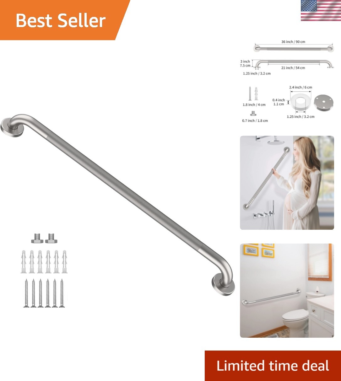 Shower Grab Bar W/anti-slip Knurled Grip 36 Inch, Stainless 