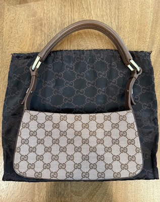 Gucci GG Monogram Mini Pochette Shoulder Bag Brown/Beige Zip Closure w/ Dusty