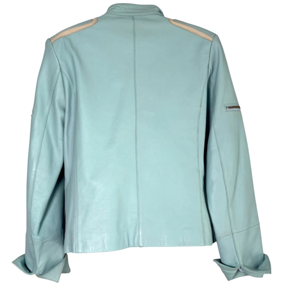 Chaqueta de Cuero Pamela McCoy Moto Racing Estilo Azul Claro Talla S Y2K Edgy Retro Foto 3 de 4