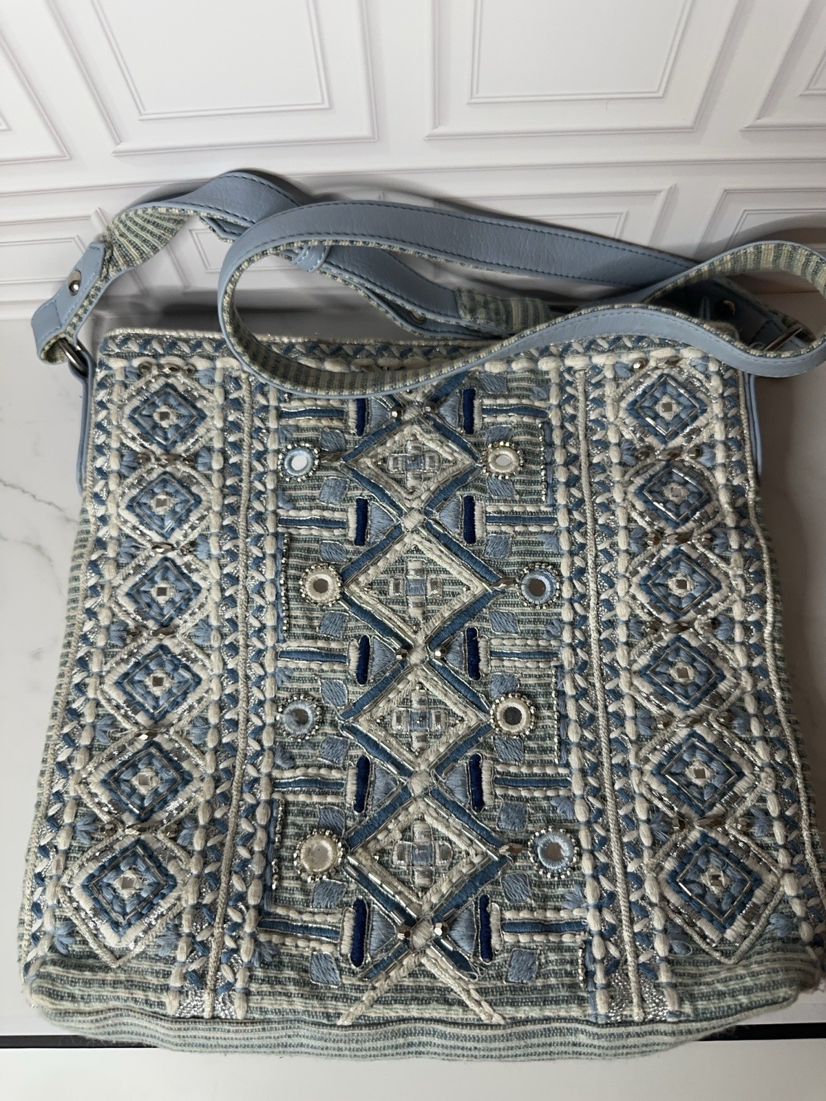 Chico’s Blue Embroidered Beaded Crossbody Bag Boho Artisan India