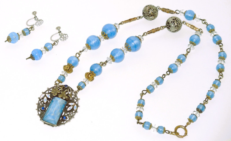 c.1910-15  Blue Czechoslovakia Brass Enamel & Glass Neiger Bro Necklace Earrings