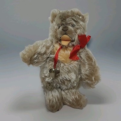 Steiff Teddy Bear Silver Button Heart Pendant 11'' Mohair Jointed Vintage Germany