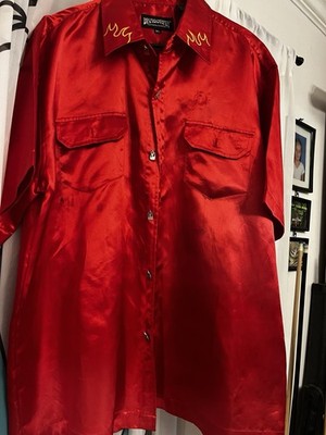 Vintage Dragonfly Men's Red Polyester Satin Button-Up Shirt XL Short Sleeve