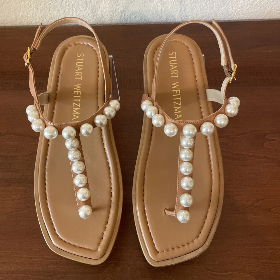Nuevas Sandalias Stuart Weitzman Tostadas Goldie Correa en T Adornadas con Perlas Talla 10 1/2: DS70 Foto 2 de 4