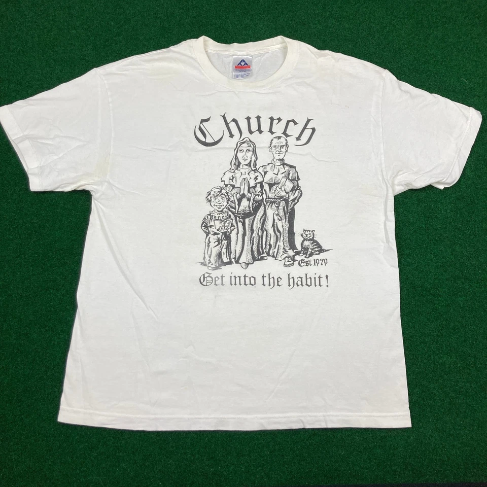 Camisa Iglesia De Colección Para Hombres XL Blanca Entra En El Hábito Religioso Humor Divertido Y2K Foto 2 de 4