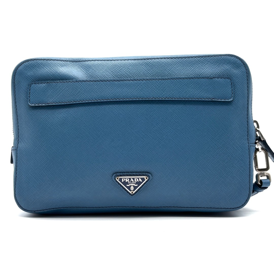 PRADA VR0052 Saffiano Leather Sky Blue Clutch Bag Men’s Travel Business thumbnail 2