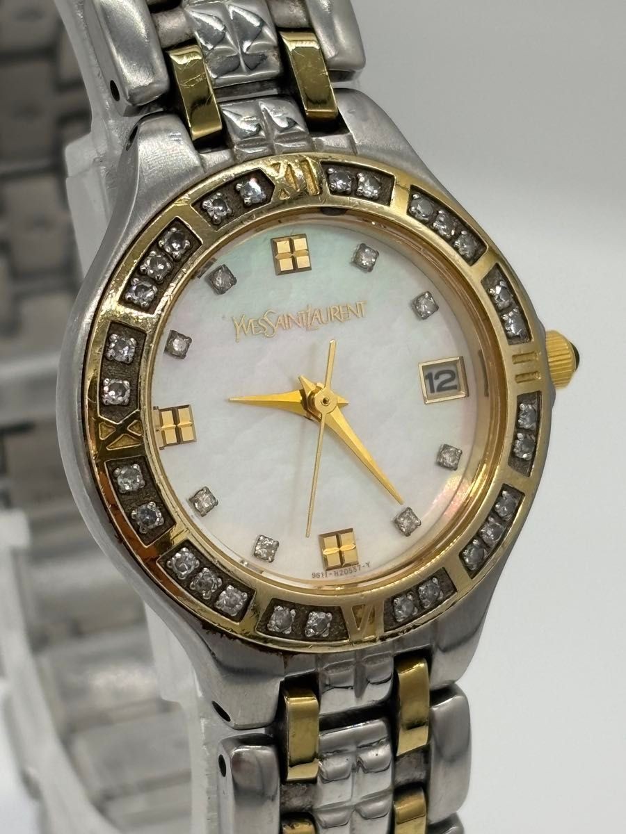 Yves Saint Laurent Rhinestone Quartz Watch White Shell Dial Used