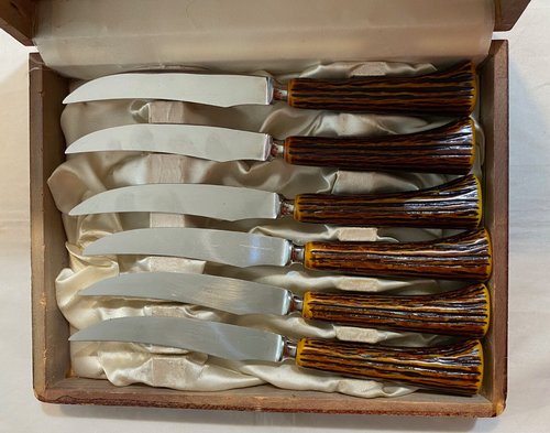 Englishtown Cutlery Sheffield 6 Steak Knife Set Faux Bone / Horn Handles & Case - Picture 3 of 8