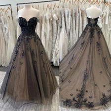 Gothic Wedding Dresses Strapless Lace Black Applique Flower A-line Bridal Gowns