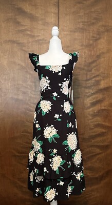 NEW Draper James Ruffled A-Line Midi Dress Womens L Black Floral Flutter Sleeve