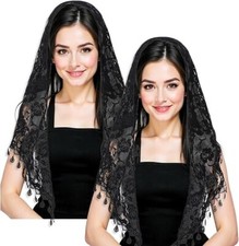 2Pcs Catholic Veils for Women Mass,Black White Mass Veil with Fringed Lace Vinta