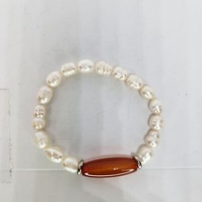 Genuine Cream Freshwater Cultured Baroque Pearl Carnelian Stretch Bracelet 10mm