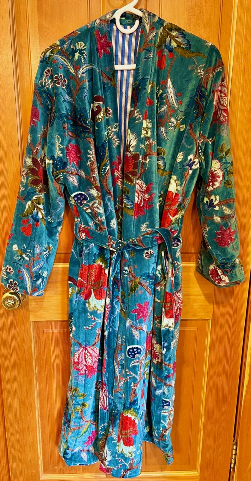 NEW Super Luxe Teal Multicolor Floral Velvet Cotton LONG Lined Bathrobe ...