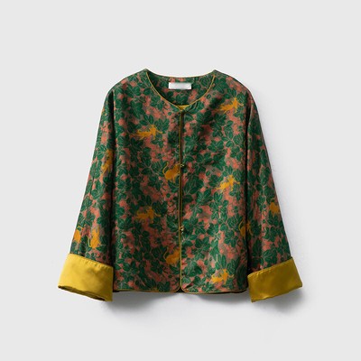 100% Real Mulberry Silk Womens Chinese Style Short Coats Round Neck Floral Print