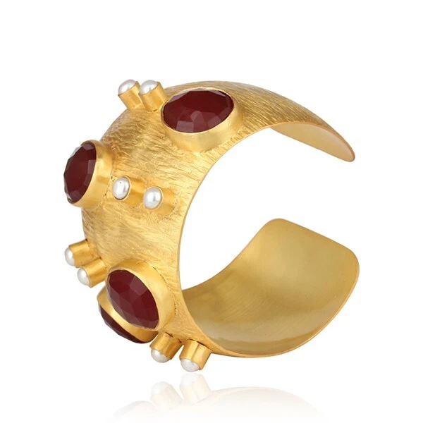 Gold Plated Wide Cuff Bracelet Red Onyx & Pearl Gemstone Texture Brass Jewelry - Image 2 of 4