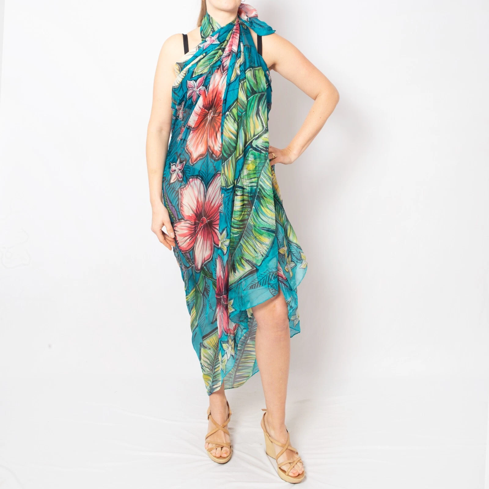 Pure Silk Chiffon Hand Painted Floral Silk Sarong Large Scarf Honeymoon Sarong