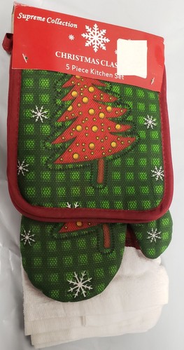 5 pc KITCHEN SET: 2 POT HOLDERS, OVEN MITT & 2 TOWELS, CHRISTMAS TREE by Supreme - Picture 1 of 6