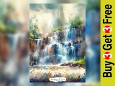 Serene Waterfall Landscape, Watercolor Painting Print 5"x7" on Matte Paper