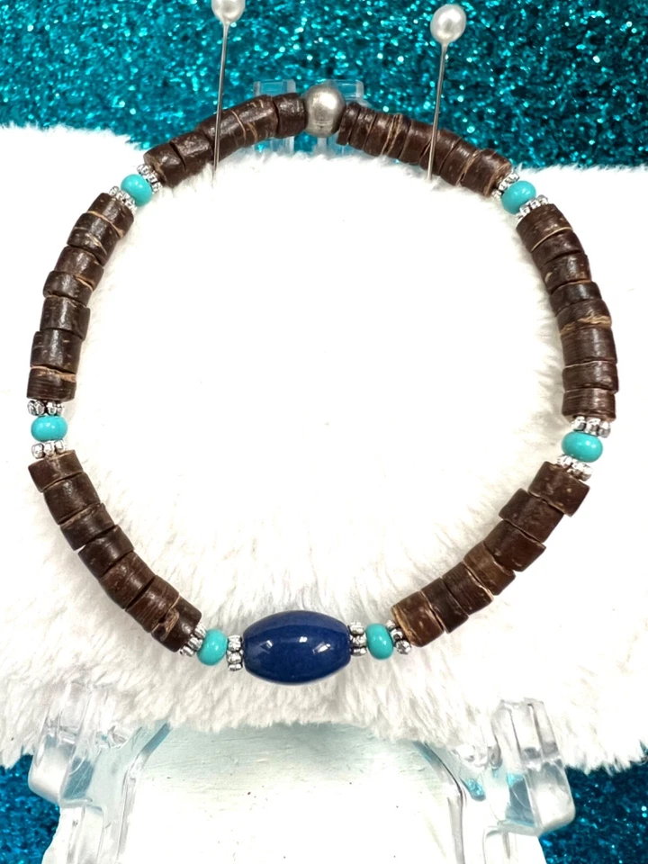 Brazalete elástico con cuentas focales ovaladas piedra azul turquesa y madera occidental 8,5 pulgadas Foto 3 de 4