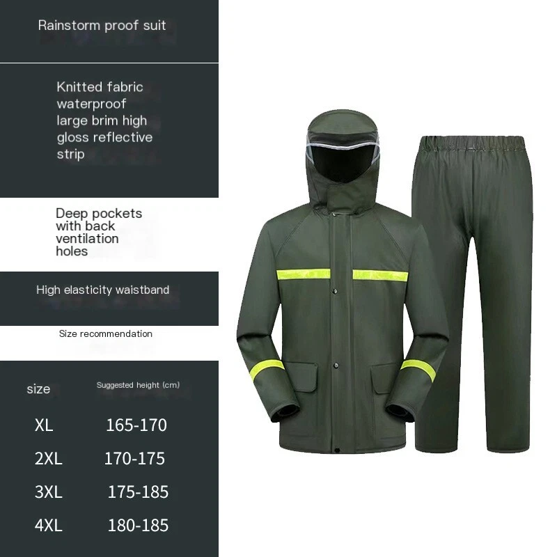 Impermeable Verde con Capucha, Trajes de Lluvia Dos Piezas Impermeable Bolsillos y Cremallera Foto 2 de 4